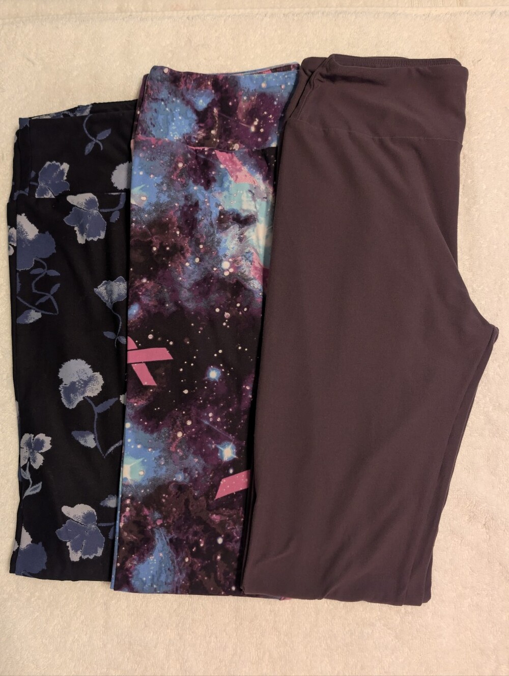 LuLaRoe Leggings Bundle-Black with Blue Floral, Galaxy Pink Ribbon, Heather Plum